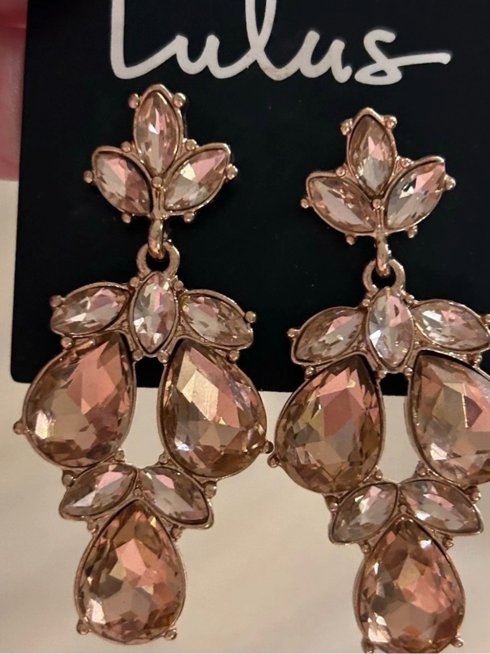 Lulus BOUND TO WOW Rose Gold & Pink Rhinestone Chandelier Earrings NEW Wedding